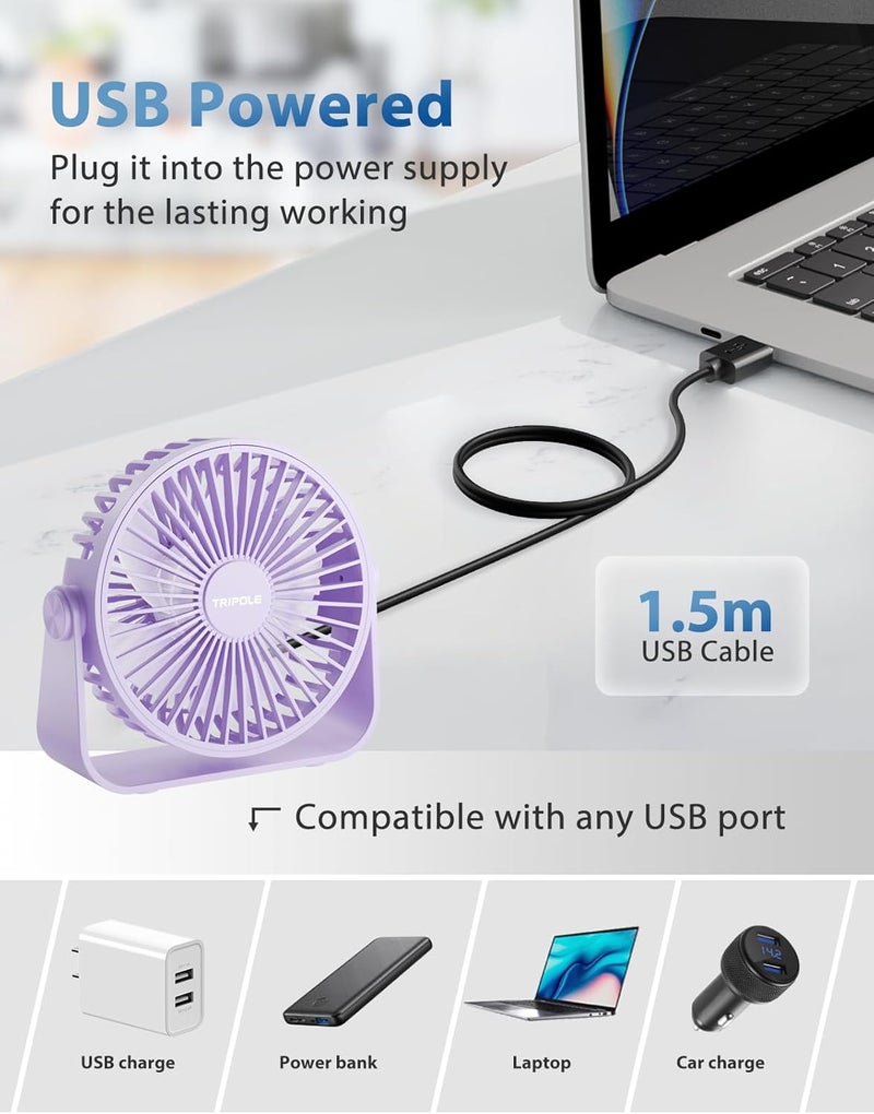 TriPole USB Desk Fan Portable Mini Fan Powerful 3 Speeds Wind Personal Desktop Fan with 360° Head Rotation for Home Office Car Indoor Outdoor Purple, No Battery, 4.5 Inches - Image 3